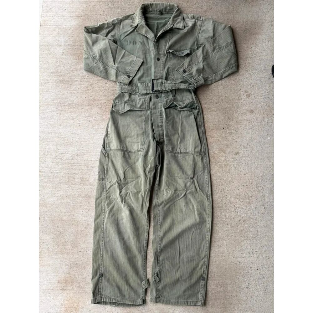 Vtg 1940s WWII US Army HBT Herringbone Coveralls Jump Suit Utility 36R Stencil